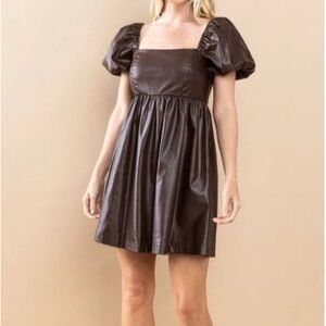 MITTOSHOP Faux Leather Puff Sleeve Dress